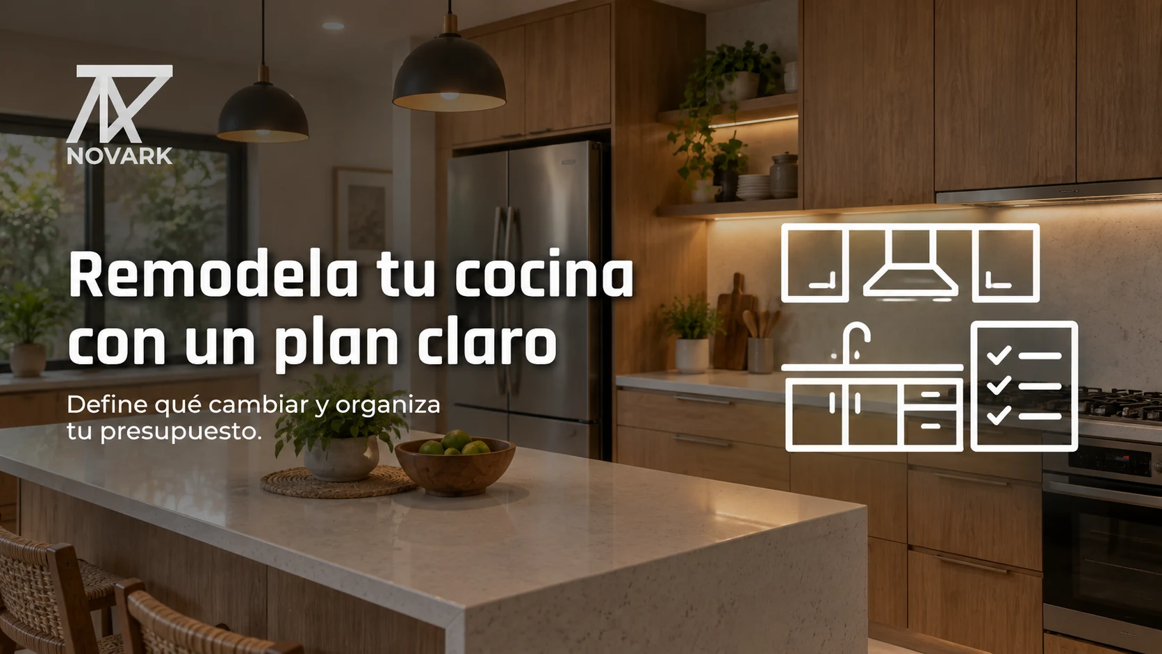 Cocina conceptual con mobiliario de madera y el título Remodela tu cocina con un plan claro